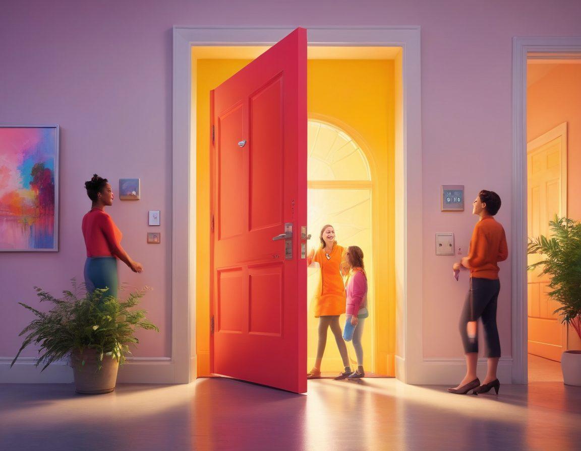 A vibrant, soaring key unlocking a glowing door that leads to a diverse landscape of various careers, such as engineering, art, and healthcare. In the foreground, people of different backgrounds and ages exude joy and confidence as they explore new opportunities. Bright colors and soft light create an inviting atmosphere that symbolizes growth and happiness. super-realistic. vibrant colors. inspirational.