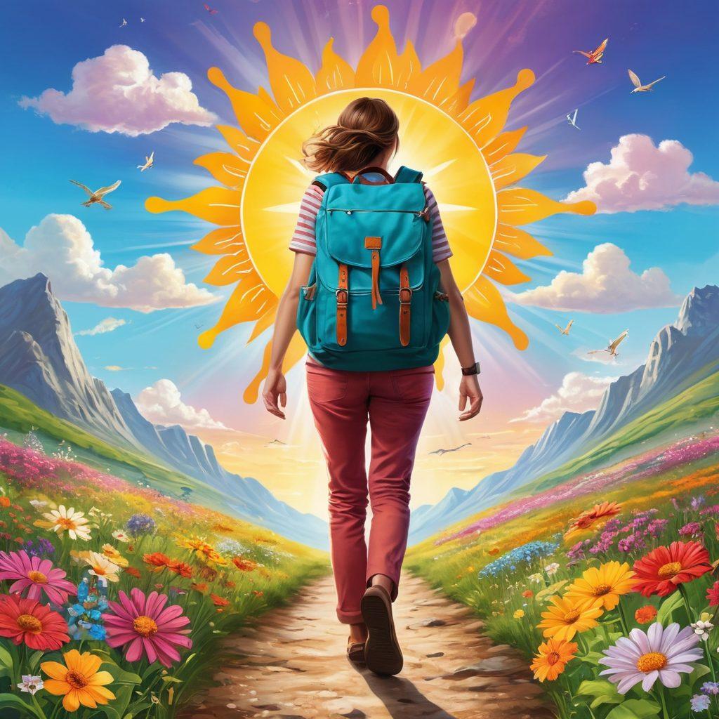 Create a whimsical scene of a person embarking on a joyful journey, with a vibrant sun shining overhead. Include signposts labeled with various career paths, a path lined with blooming flowers, and a friendly compass guiding the way. The person should be smiling, dressed in casual travel attire, carrying a backpack filled with colorful job applications. Surround this with elements of nature that evoke a sense of adventure and positivity. bright colors. cheerful illustration.