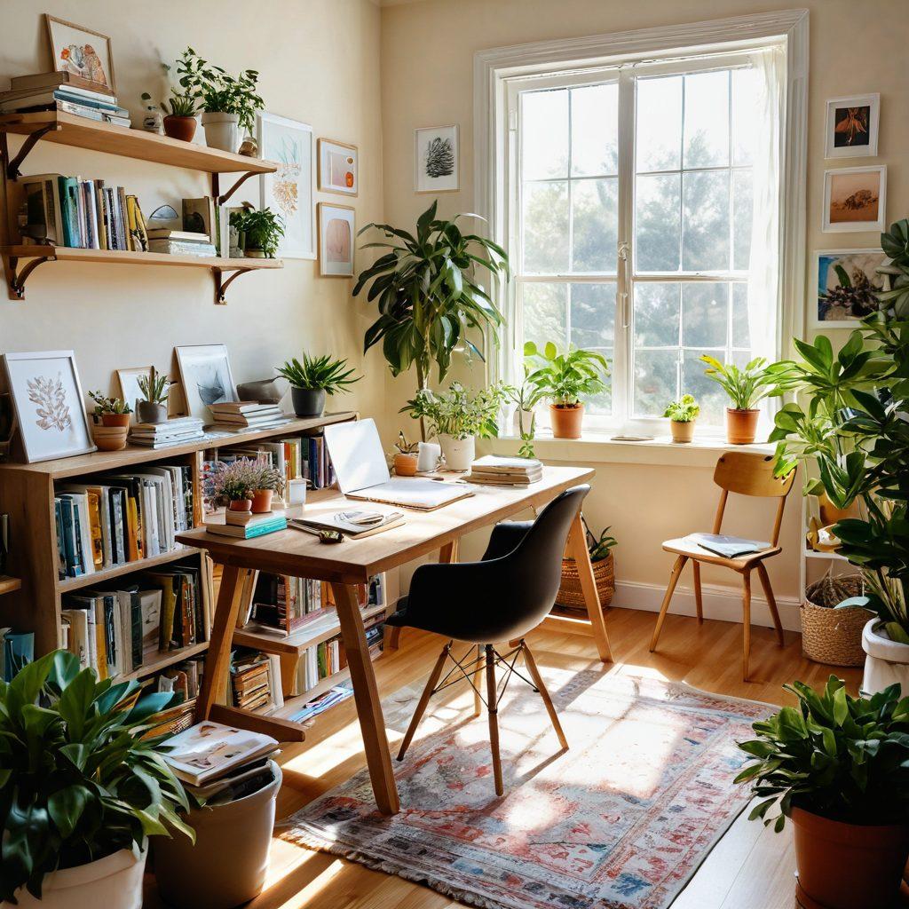 A serene workspace bathed in warm sunlight, with a person joyfully engaged in their craft, surrounded by inspiring books and vibrant plants. Incorporate elements of creativity like colorful art supplies and a vision board filled with goals. The atmosphere should convey peace, fulfillment, and inspiration, showcasing a harmonious blend of work and passion. super-realistic. vibrant colors. soft focus.